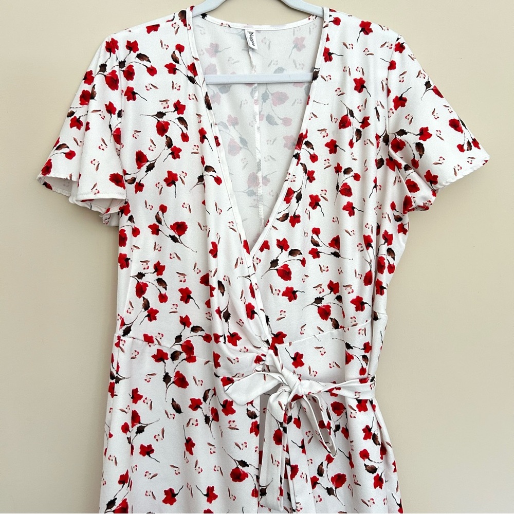 Naggoo White Mini Wrap Dress with Red Floral Print and Tie Waist - Picture 3 of 9